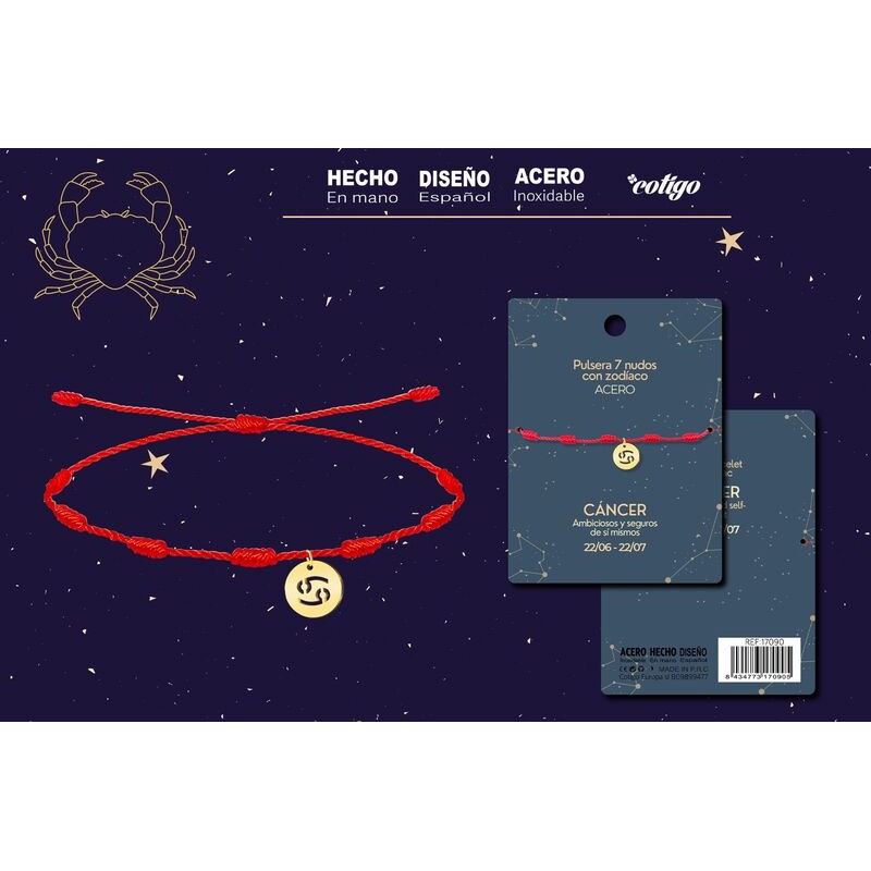 Pulsera 7 Nudos Colgante Cancer  Dorado - Coleccion Constelaciones Zodiaco